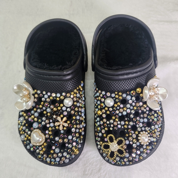 Kids Lined Black Bejeweled Clogs - Picture 1 of 7